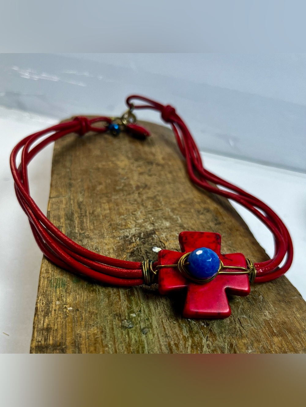 Handcrafted Red Cross Pendant Necklace with Blue Accent and leather cords $30